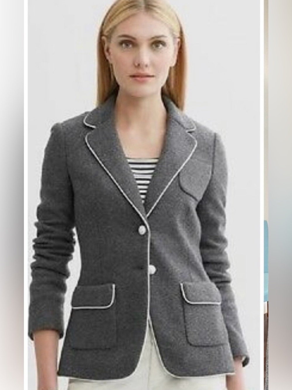 Banana Republic Grey Wool-Blend
Blazer with Contrast Piping Preppy Size 10
